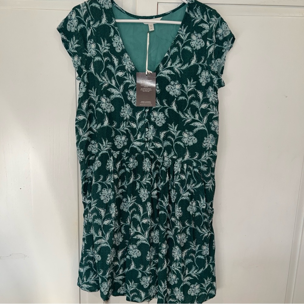 Garnet Hill NWT Green White Floral V-Neck Dress XS Pockets Relaxed Lined Viscose